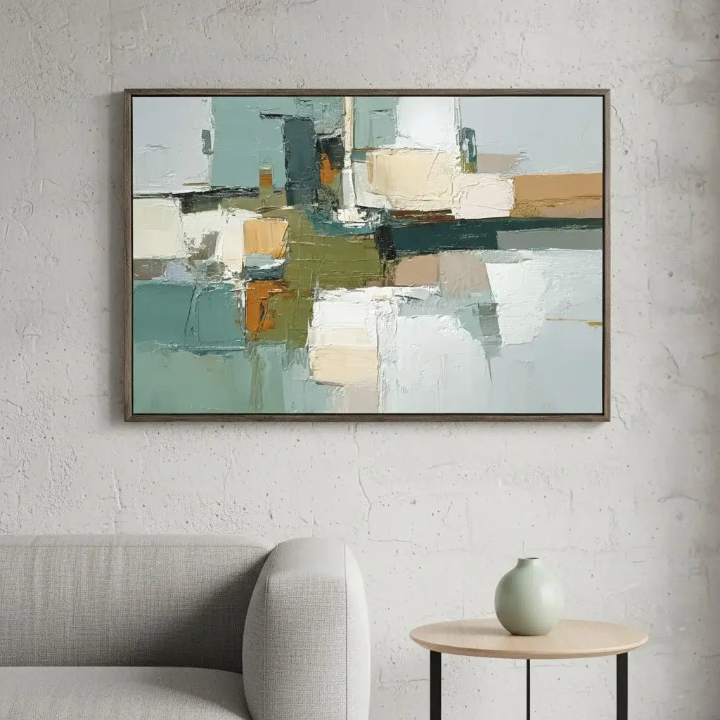Abstract painting on a wall above a sofa with a small table and vase.