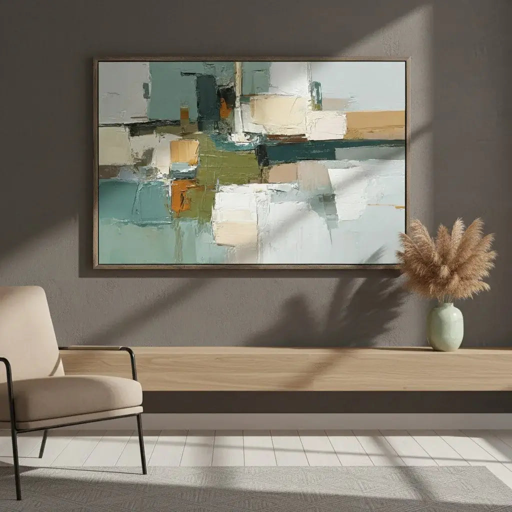 Abstract painting on a wall in a modern living room with a chair and decorative vase.