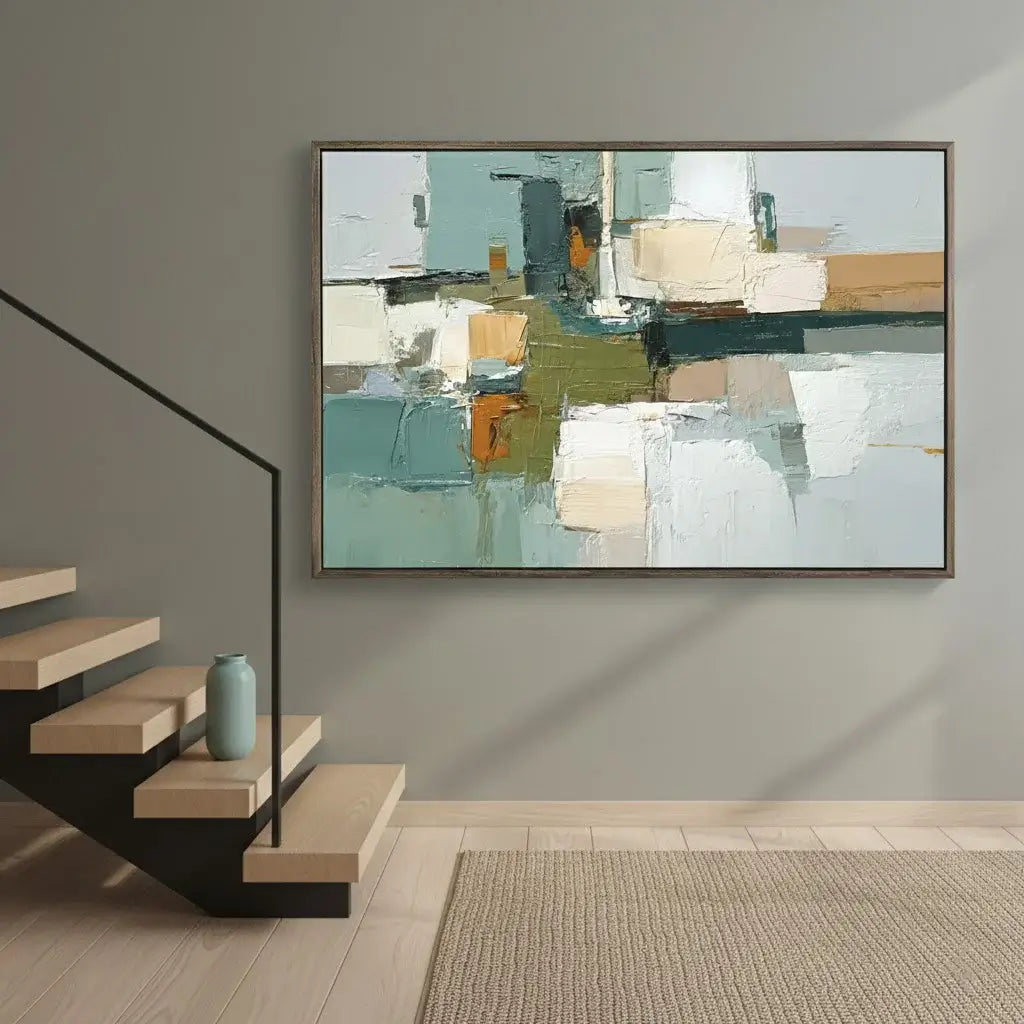 Abstract painting on a wall above a staircase in a modern interior setting.
