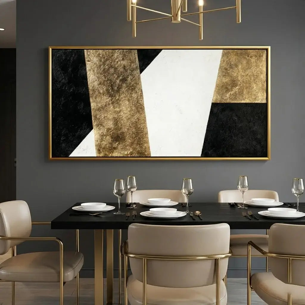 Dining room with a modern abstract painting on the wall, black dining table, and beige chairs.
