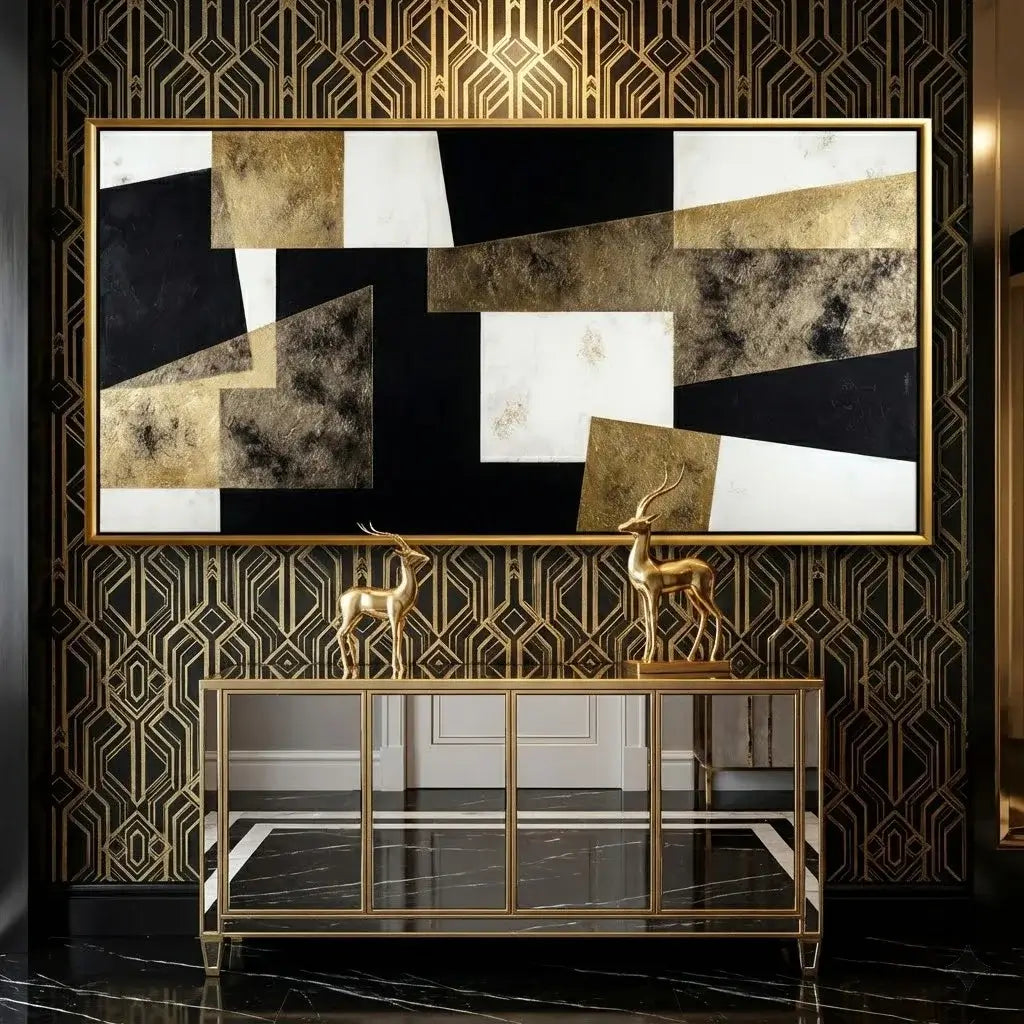 Modern interior design with abstract art, console table, and decorative deer figurines.