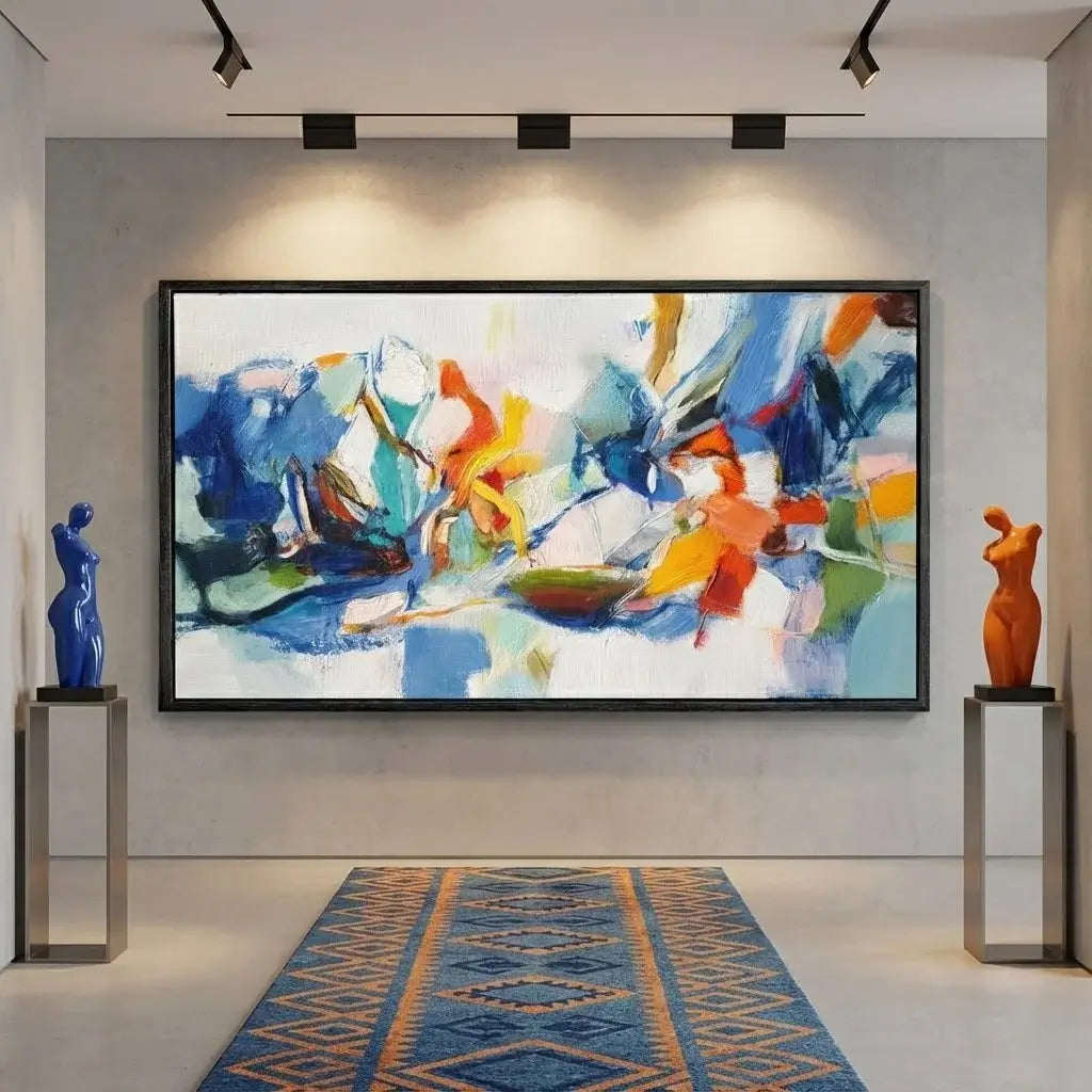 Abstract painting in a modern interior setting with sculptures and a rug.