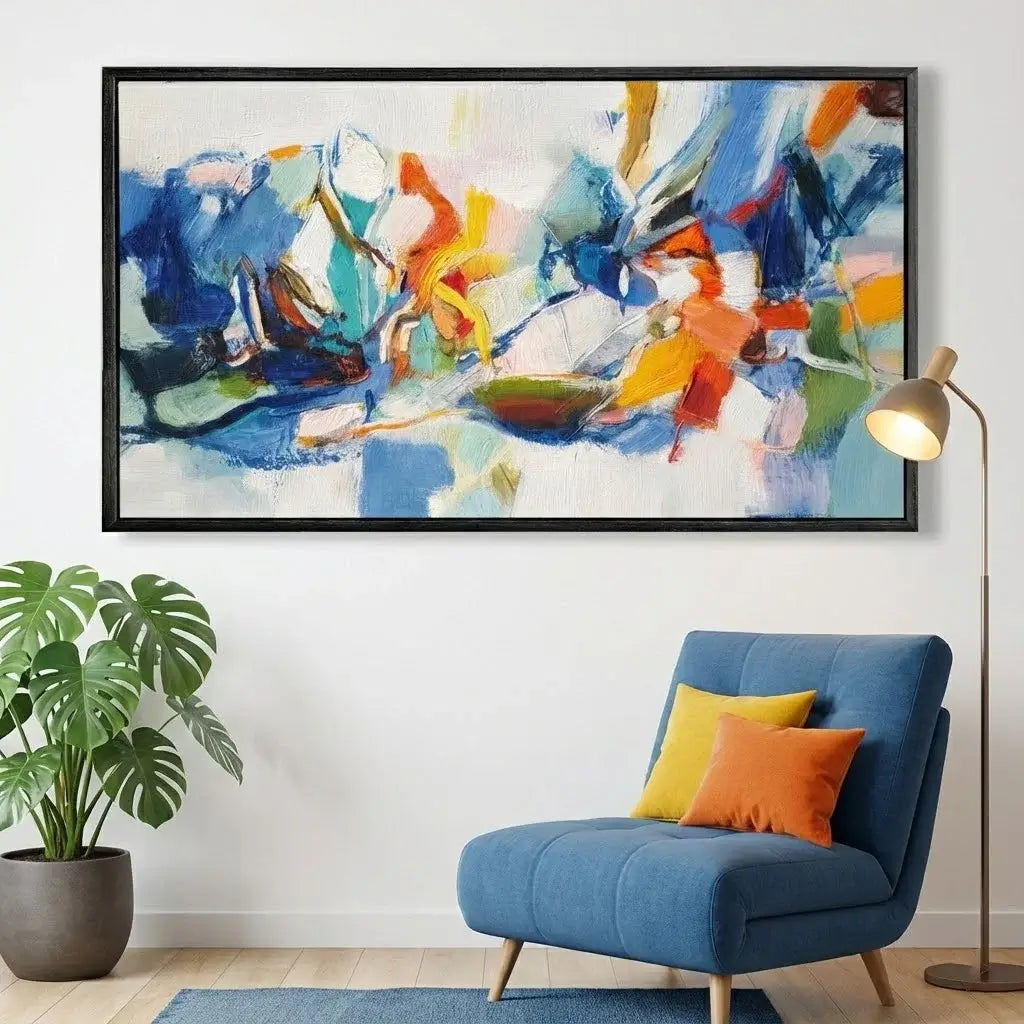 Abstract painting on a wall above a blue chair with colorful cushions, next to a potted plant.