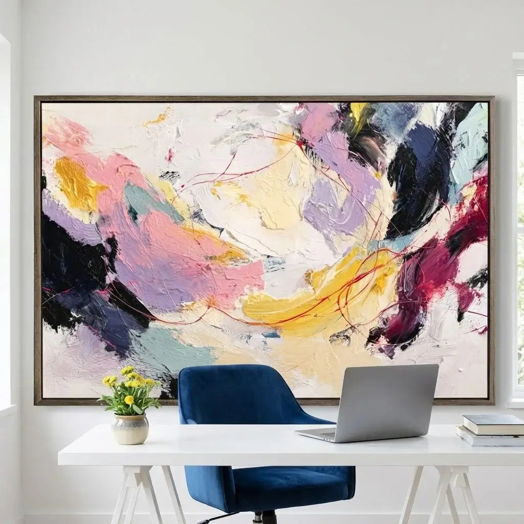 Modern office setup with abstract art on the wall, desk, chair, and laptop.
