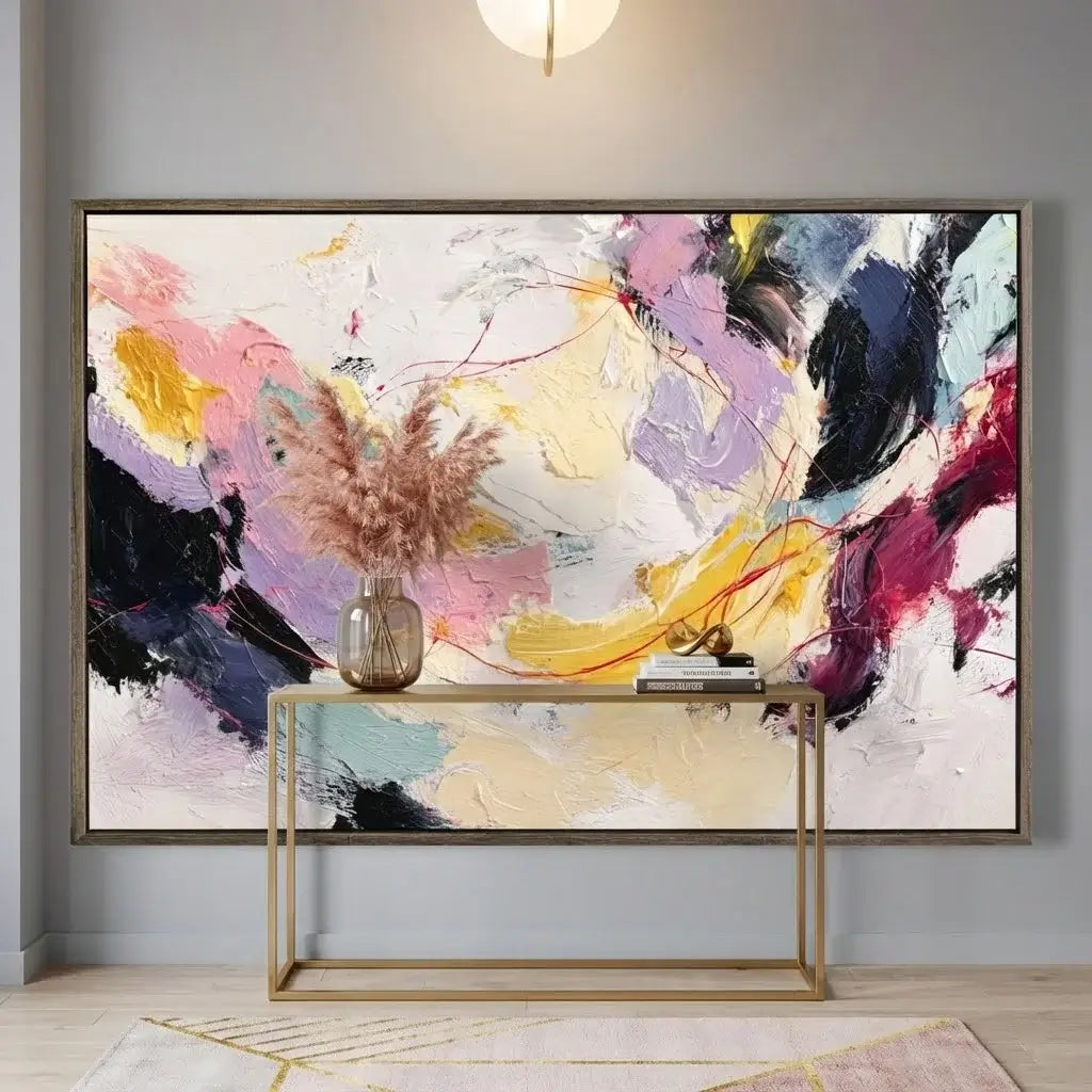 Abstract painting with vibrant colors in a modern interior setting.