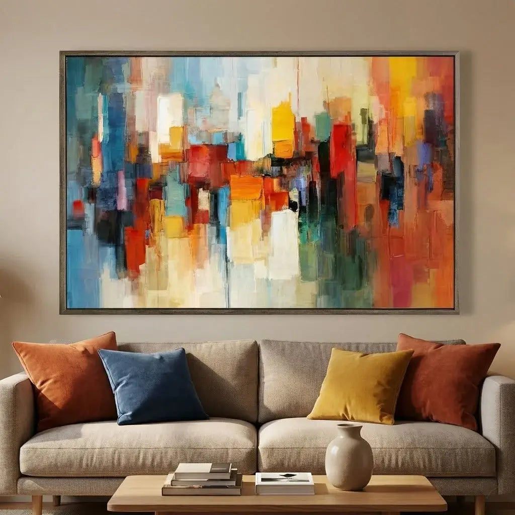 Colorful abstract painting above a beige sofa with colorful pillows in a living room setting.