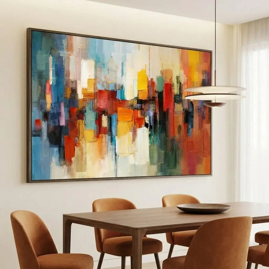 Dining room with a large abstract painting on the wall above a table and chairs.