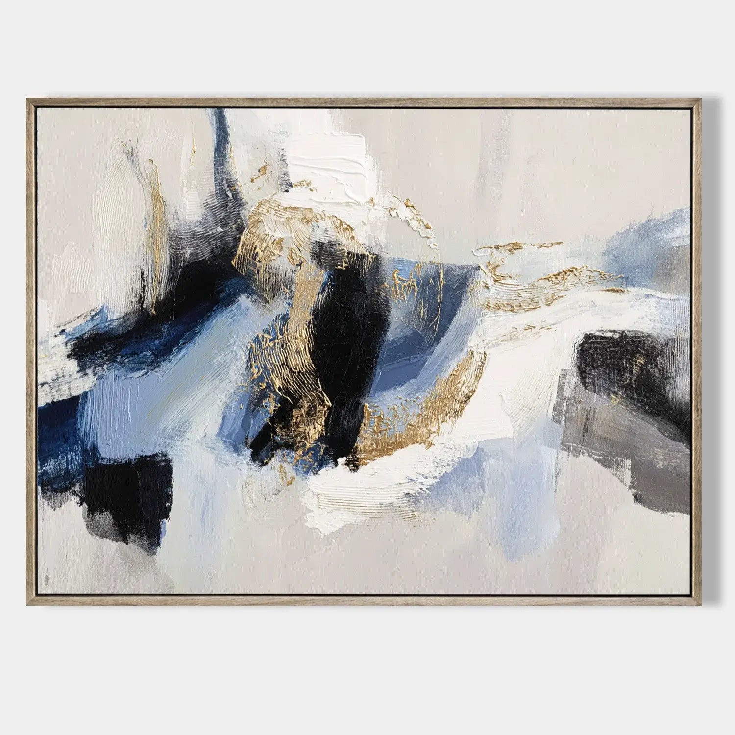 Abstract art painting with blue, black, and gold on a white background