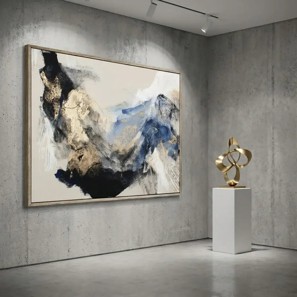 Abstract painting on a wall with a gold sculpture on a white pedestal below it.