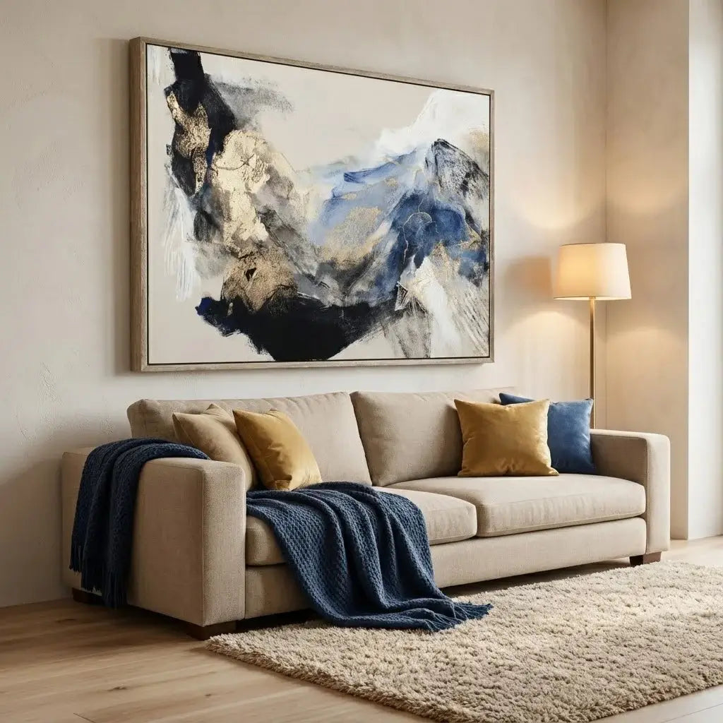 Beige sofa with decorative pillows and a large abstract painting in a living room.