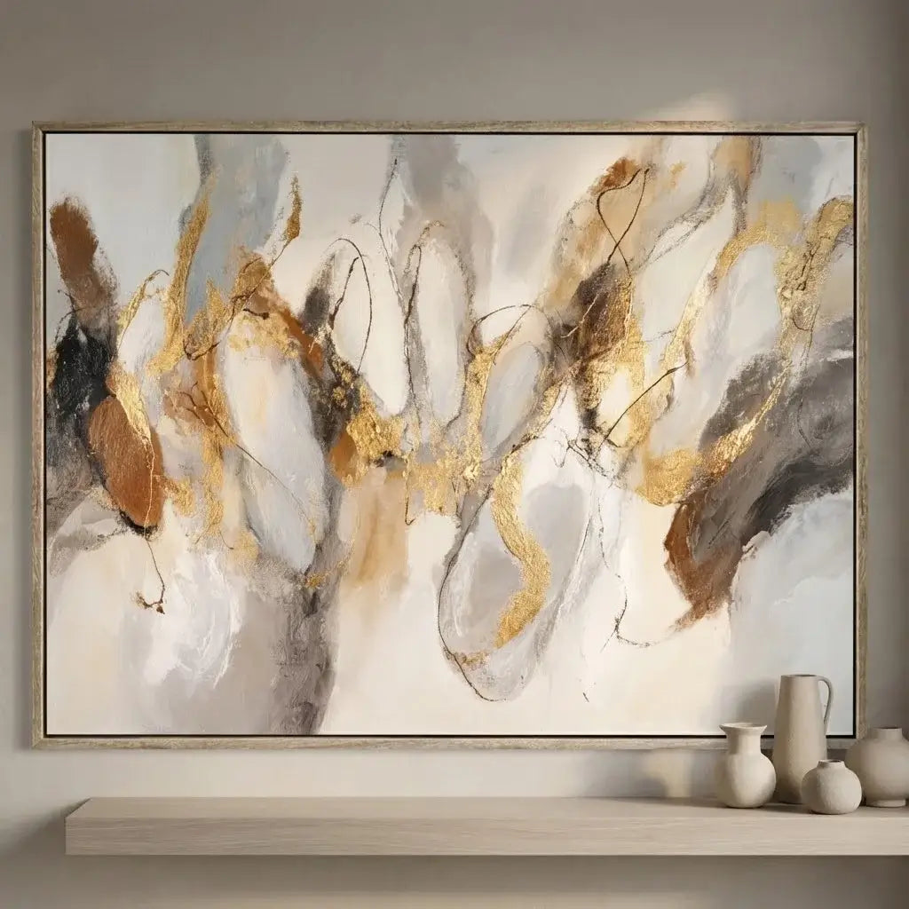 Abstract art painting with gold and brown accents on a wall above a shelf with decorative vases.