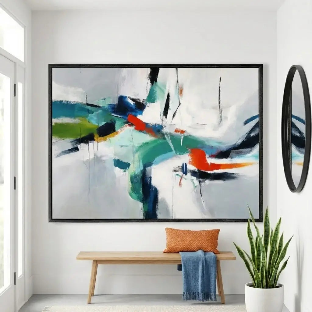 Abstract painting in a modern living room with a bench and plant.