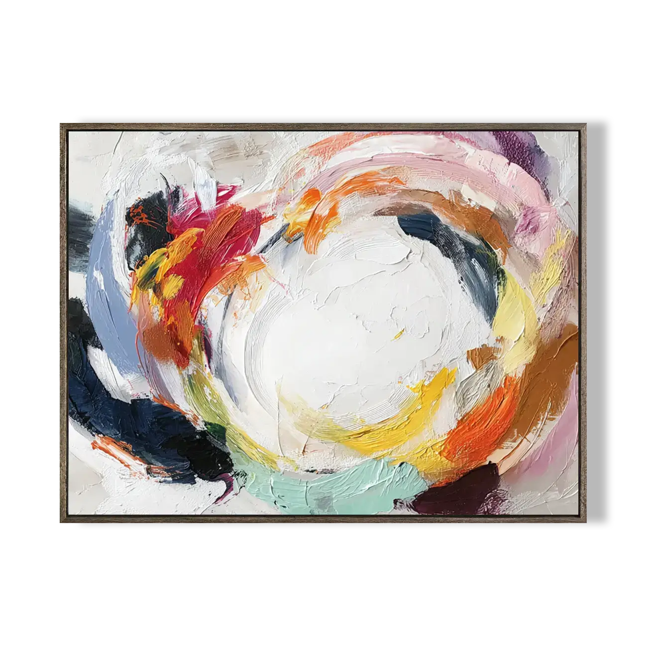 Abstract painting with swirling colors in a wooden frame on a white background