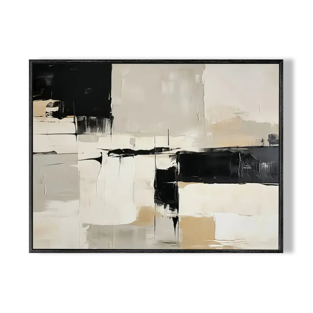 Abstract art painting with black, white, and gray colors on a white background