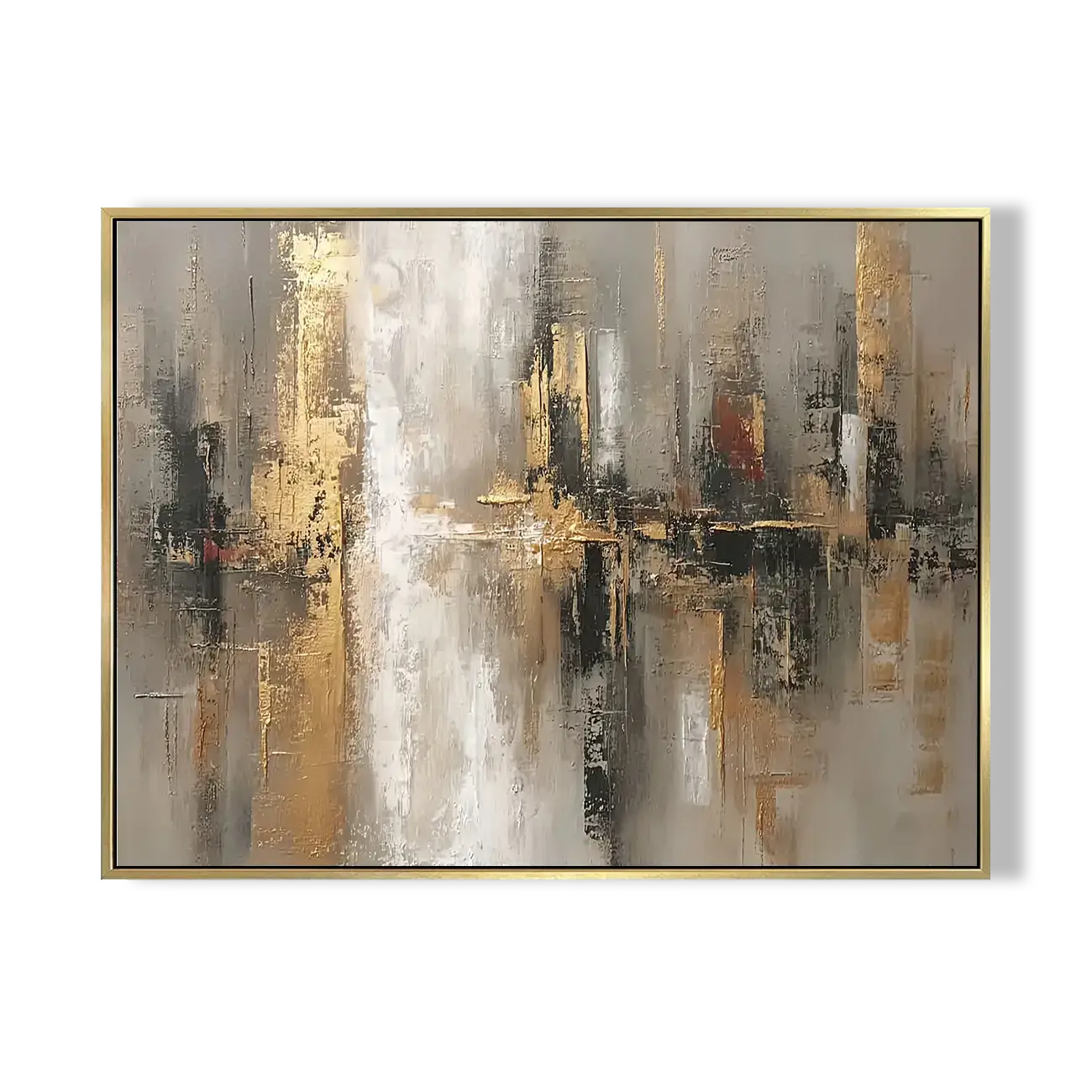 Abstract painting with gold and black tones on a white background