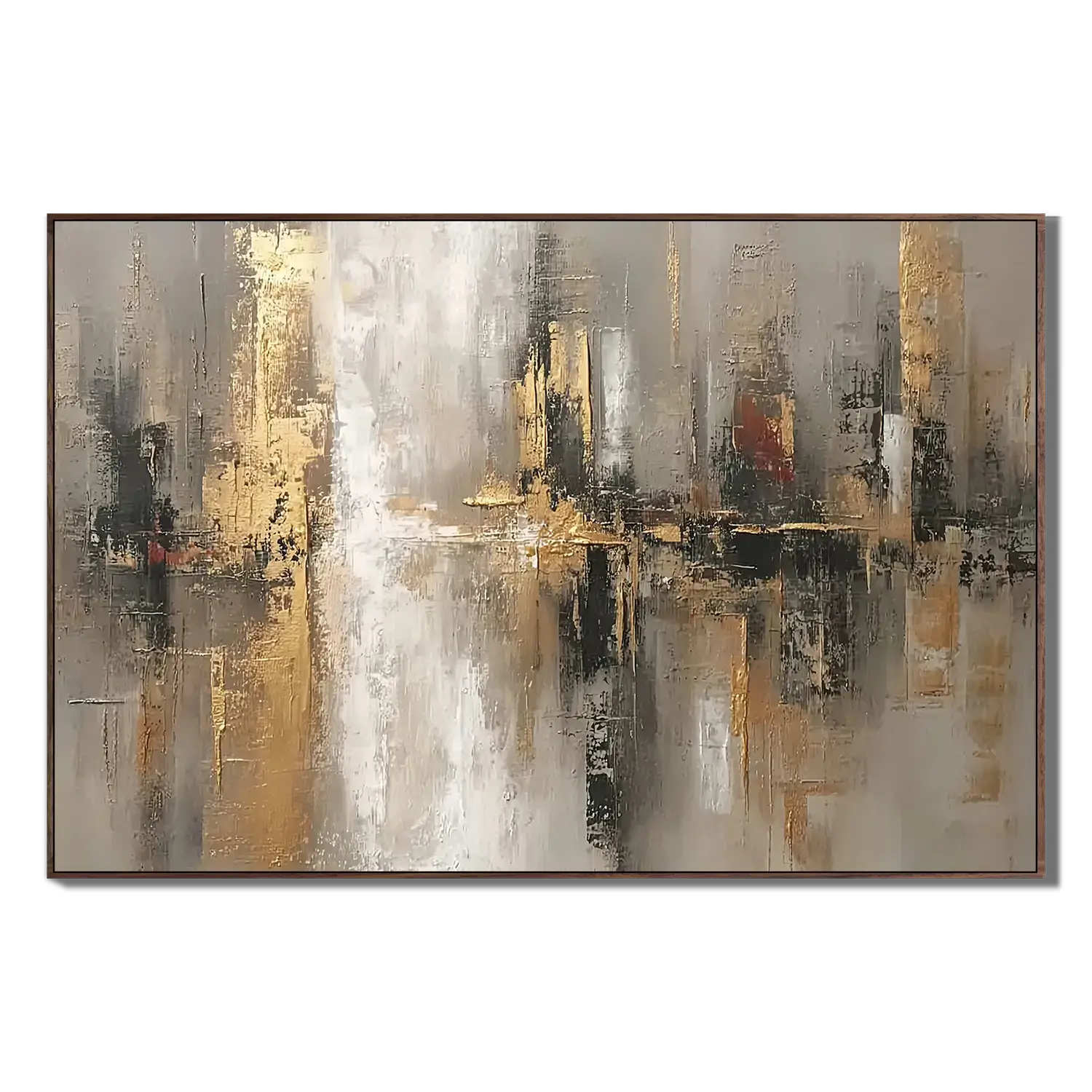 Abstract painting with gold and black tones on a white background