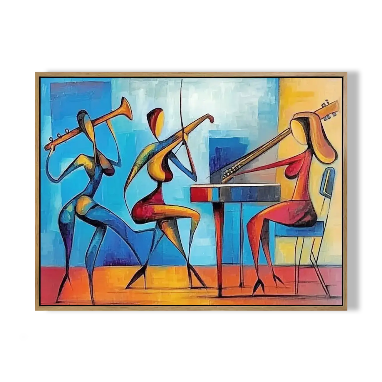 Abstract painting of musicians playing instruments on a colorful background