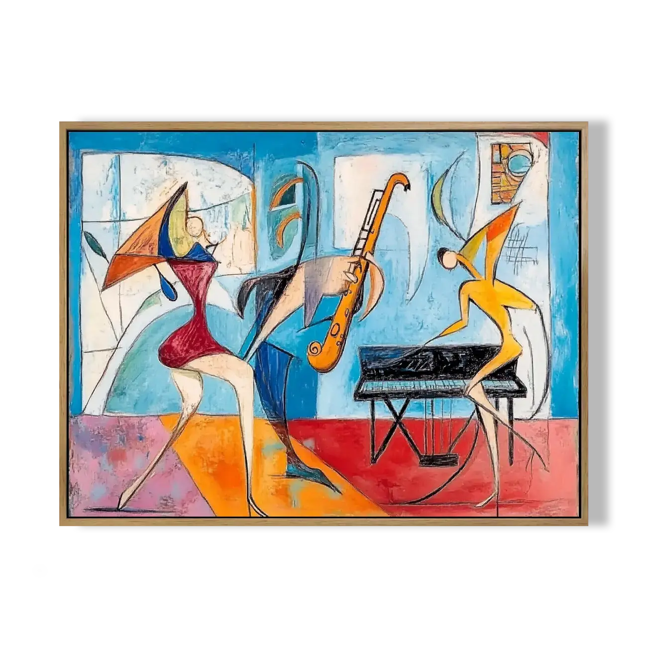Abstract artwork of musicians playing instruments on a colorful background