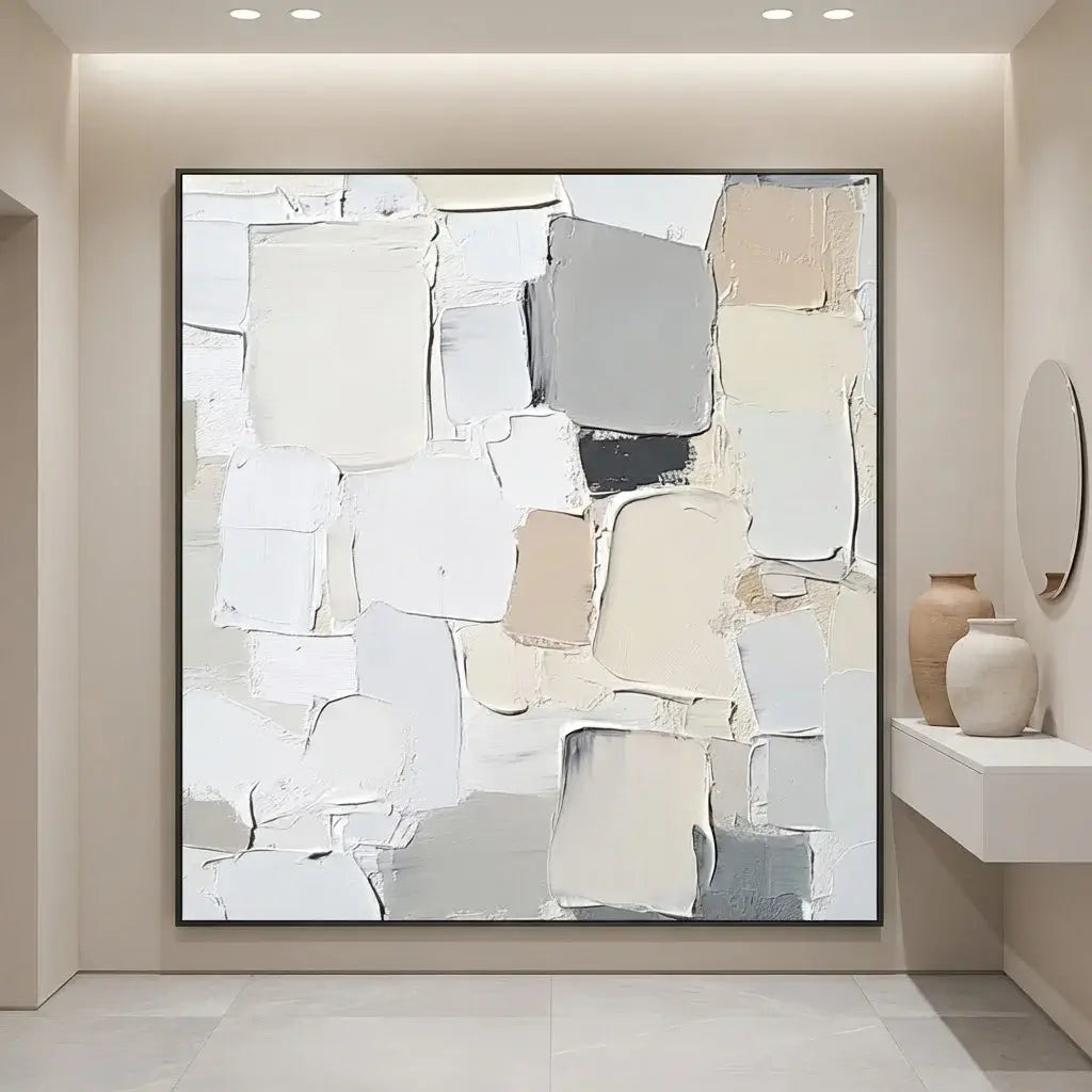Abstract art piece in a modern interior setting with neutral tones.
