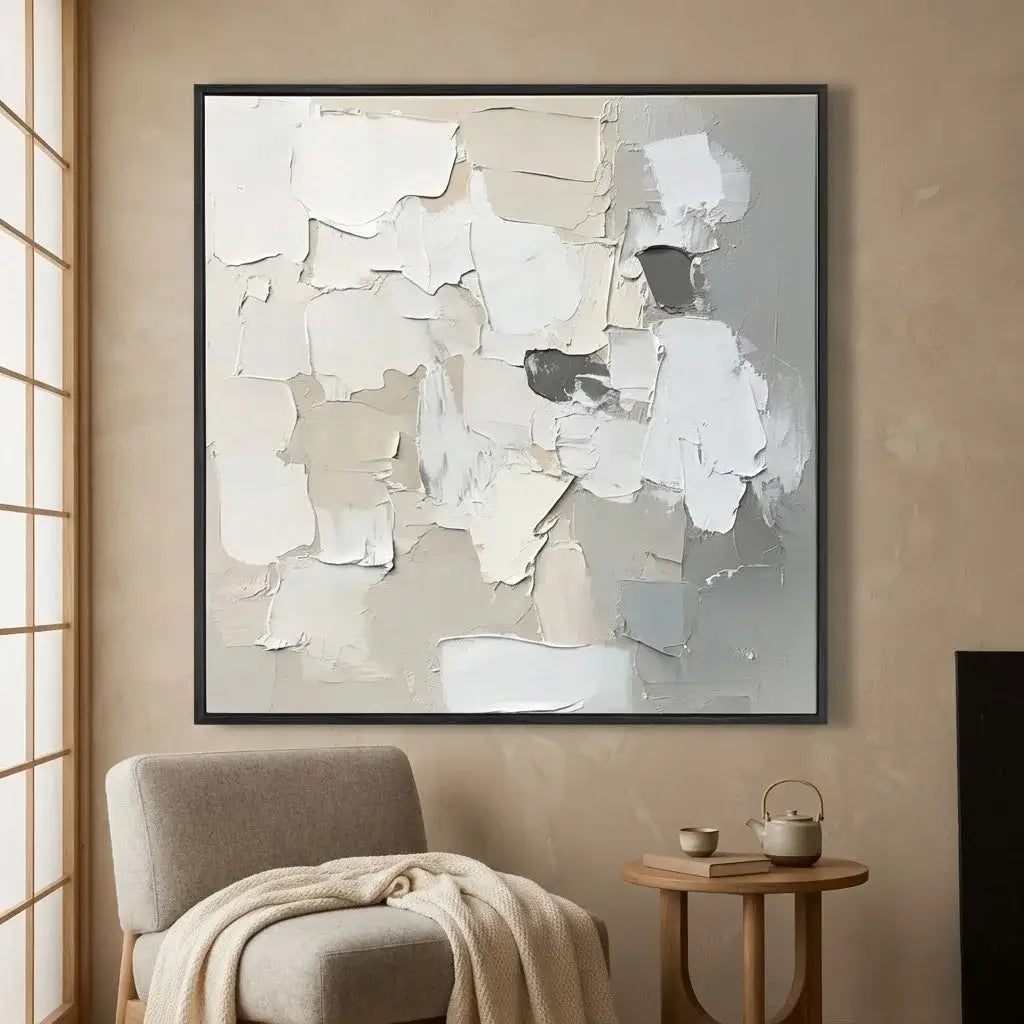 Abstract art piece on a wall in a room with a chair and small table.