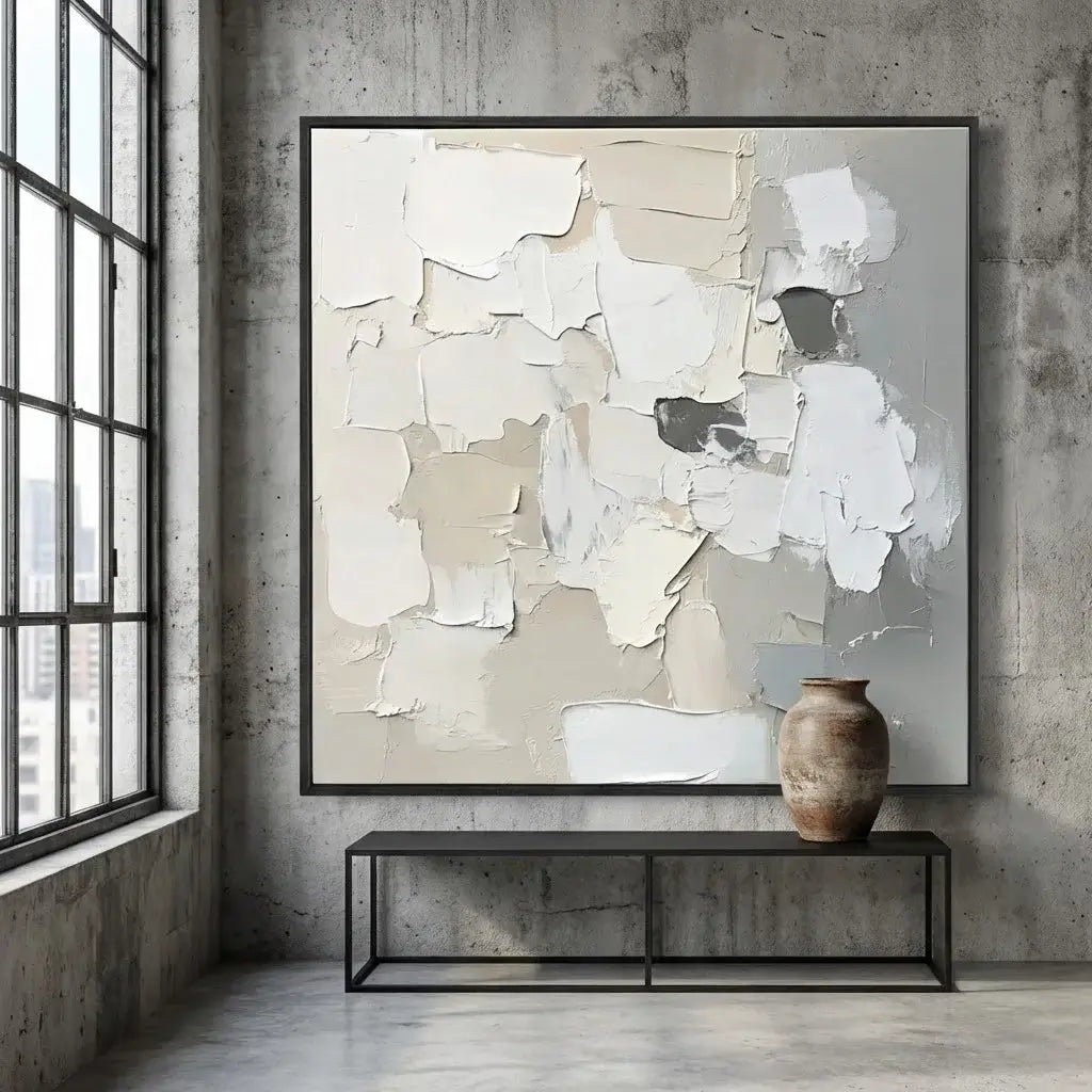 Abstract art piece on a wall in a modern interior setting with a vase on a table.