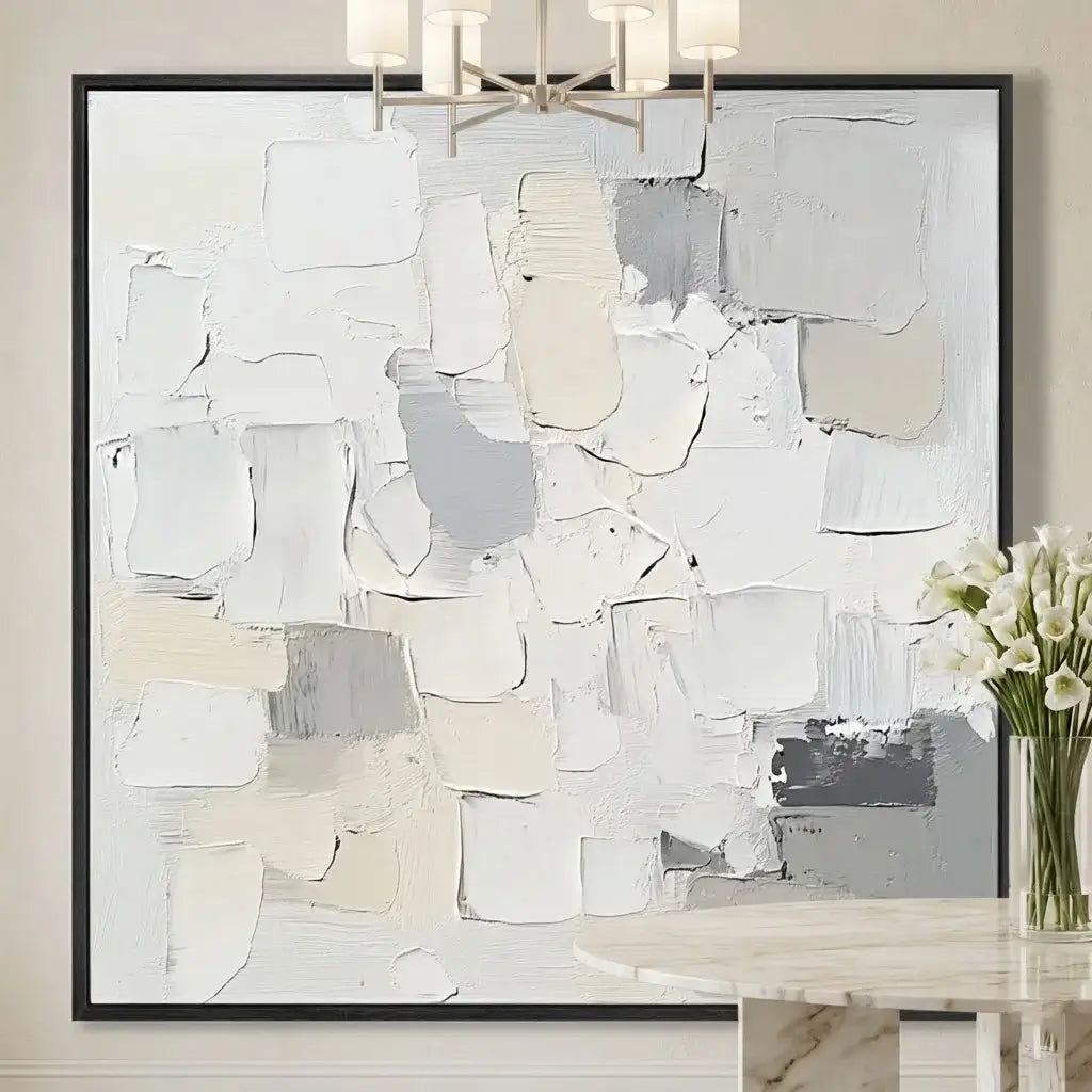 Abstract art piece in a modern interior setting with a chandelier and vase of flowers.