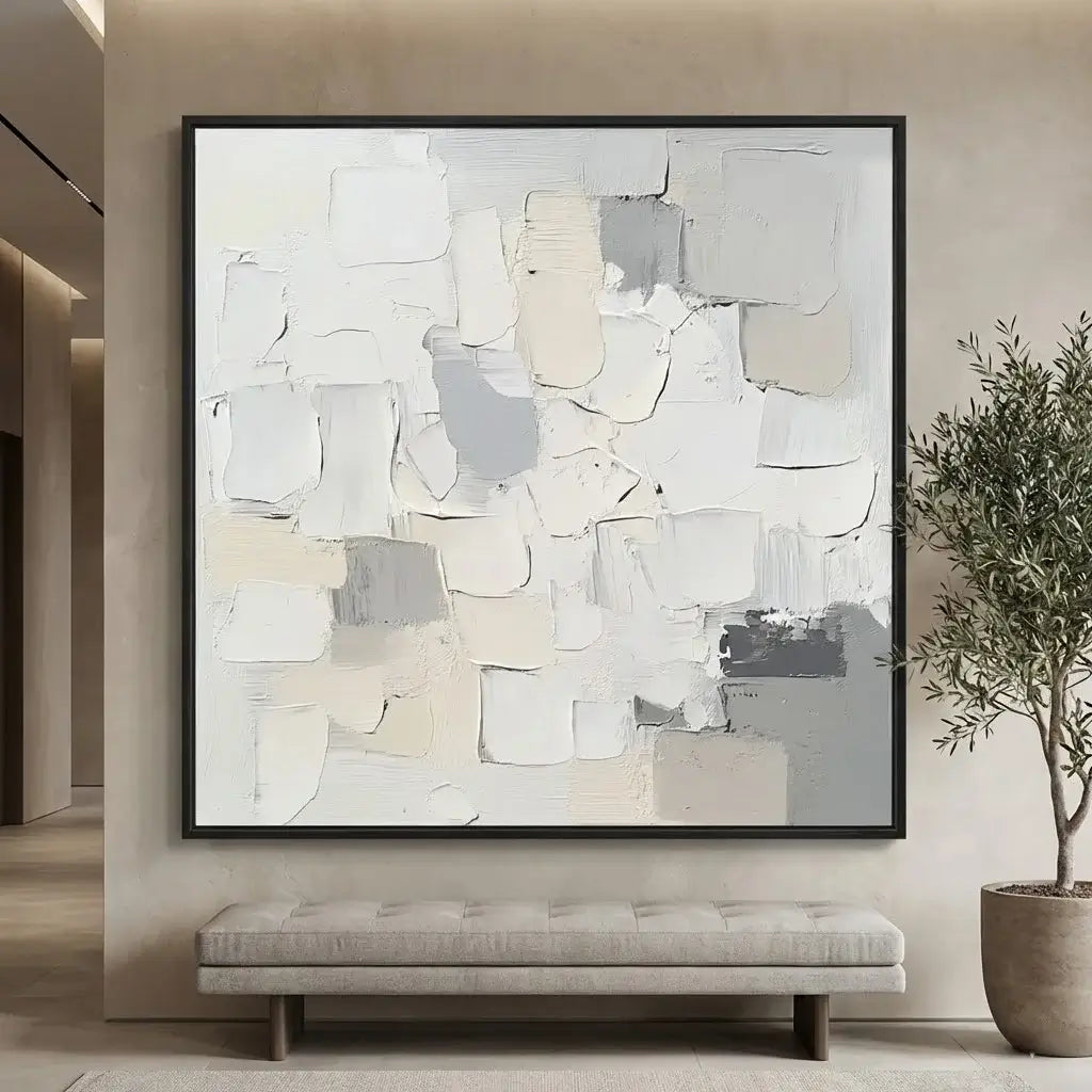 Abstract art piece in a modern interior setting with a bench and plant.