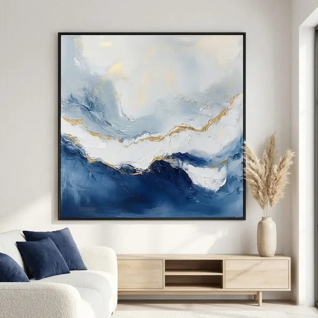 Abstract art piece with blue and gold tones in a modern living room setting.