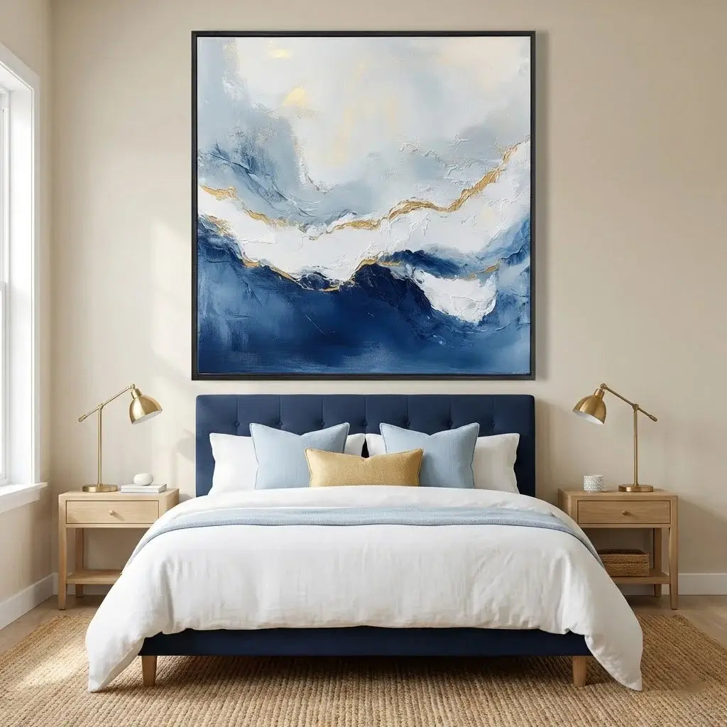 Modern bedroom with a large abstract painting above a bed