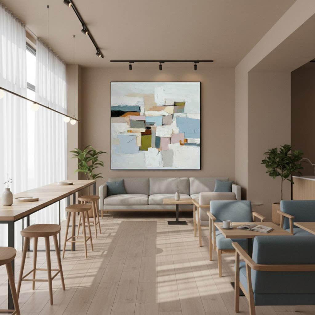 Modern cafe interior with tables, chairs, and a abstract painting on the wall.