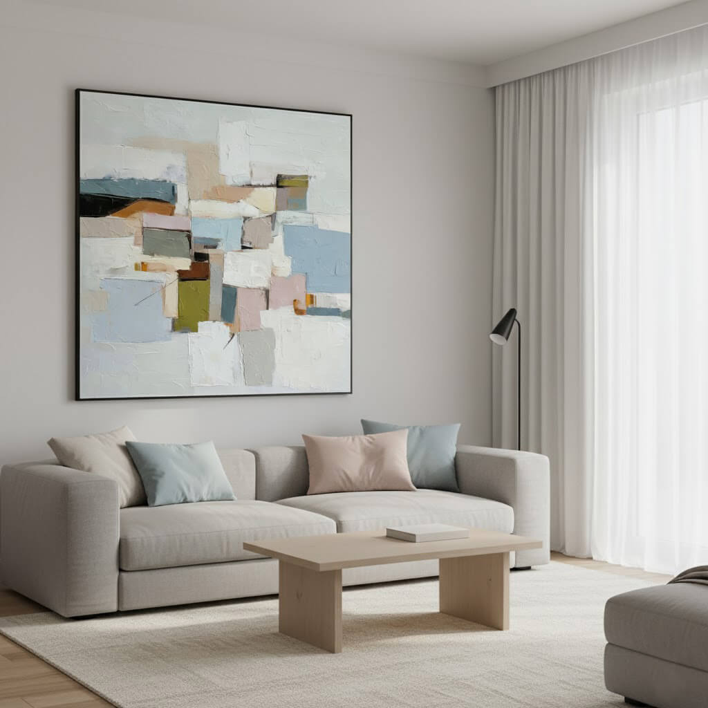 Modern living room with a gray sofa, abstract painting, and wooden coffee table.