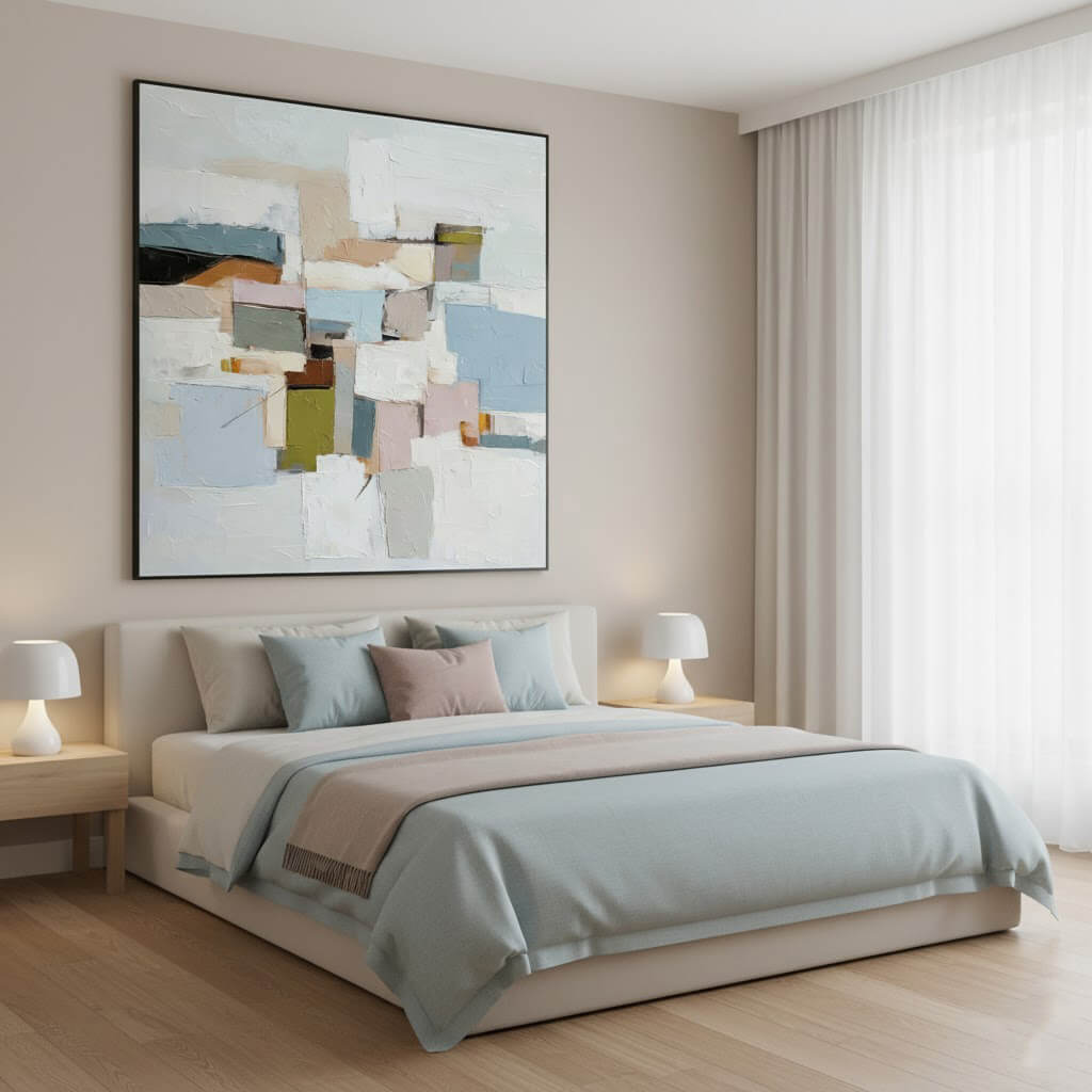 Modern bedroom with a bed, abstract painting, and side tables.