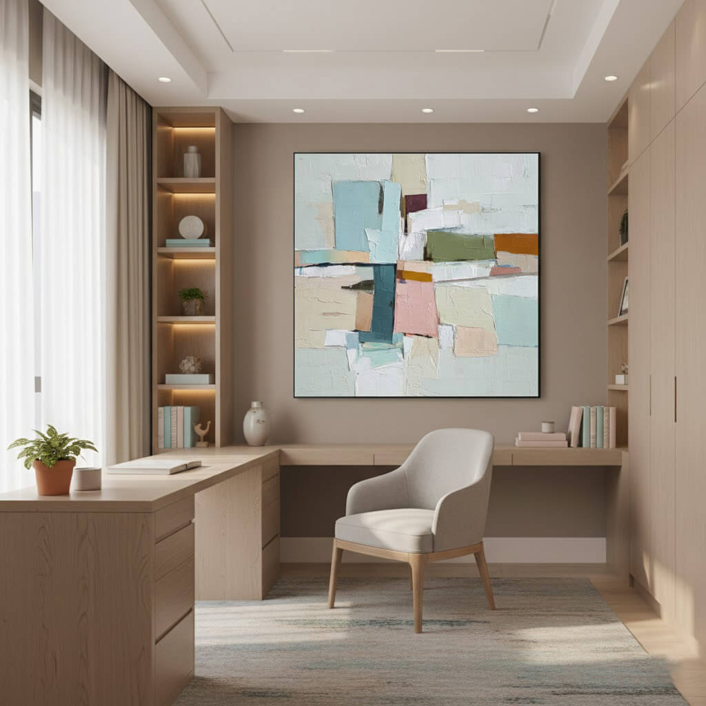 Modern home office with a large abstract painting on the wall, a desk, and chair.