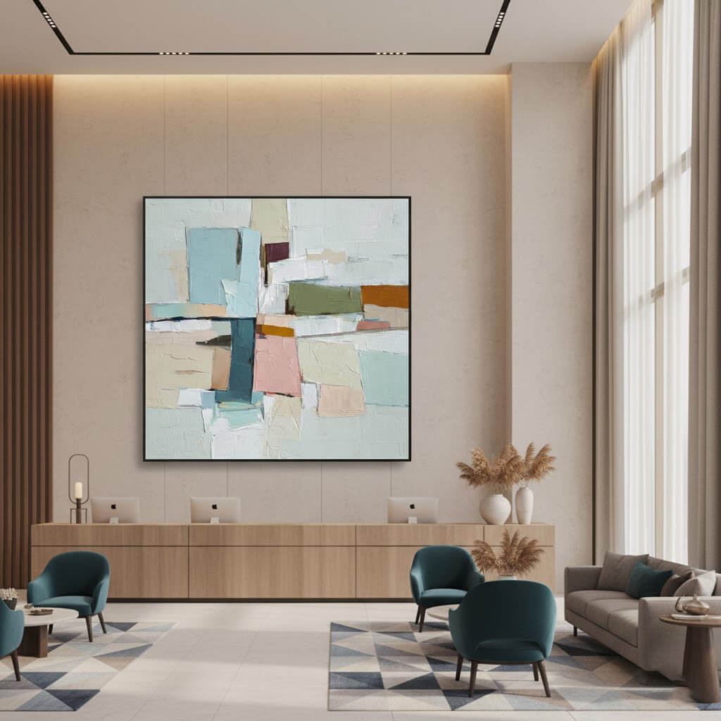 Modern living room with abstract art, furniture, and decor.