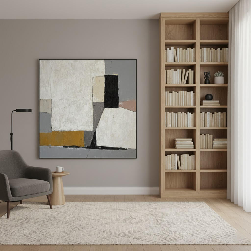 Modern living room with abstract art, bookshelf, and gray armchair.