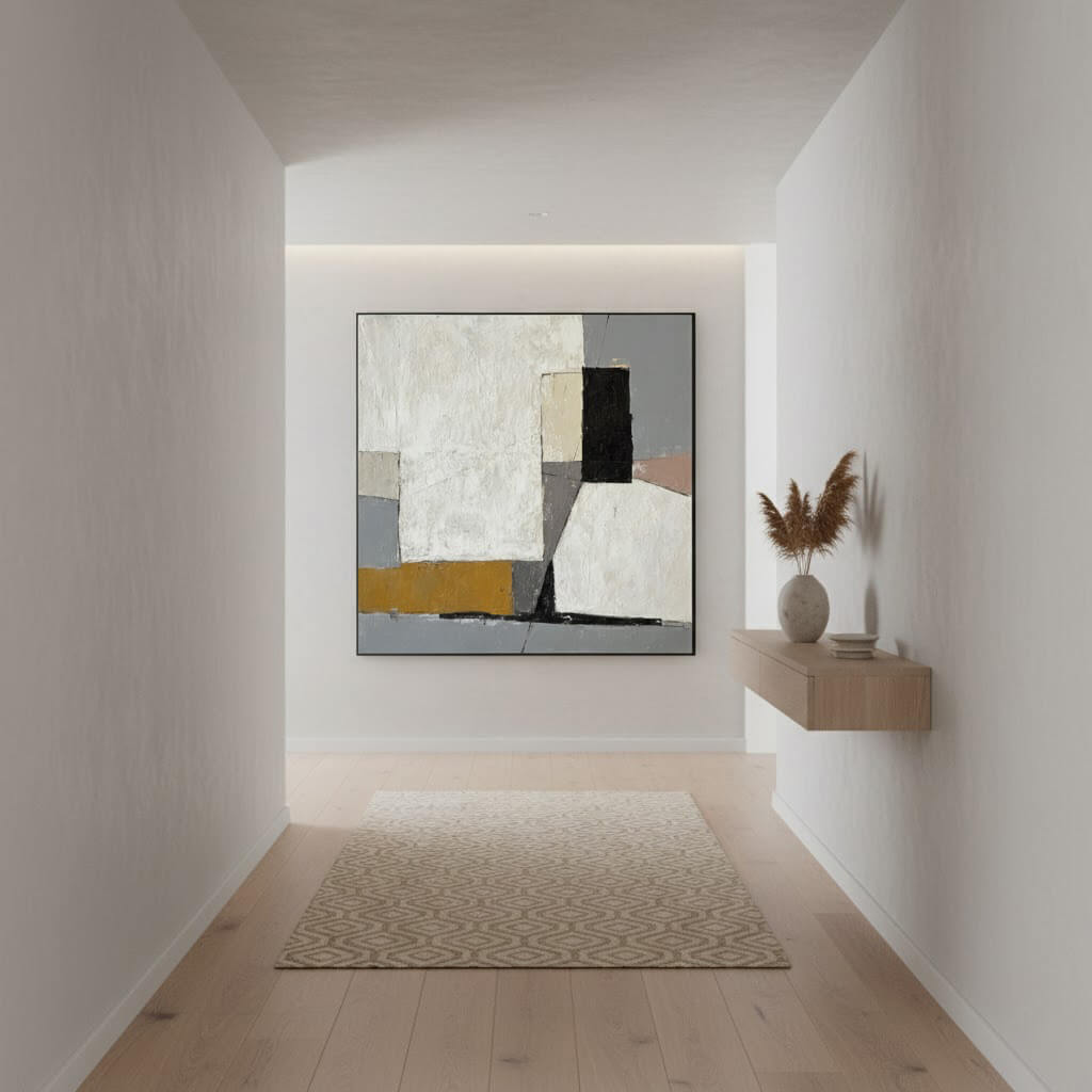 Modern interior with abstract art on a wall, vase on a shelf, and rug on the floor.