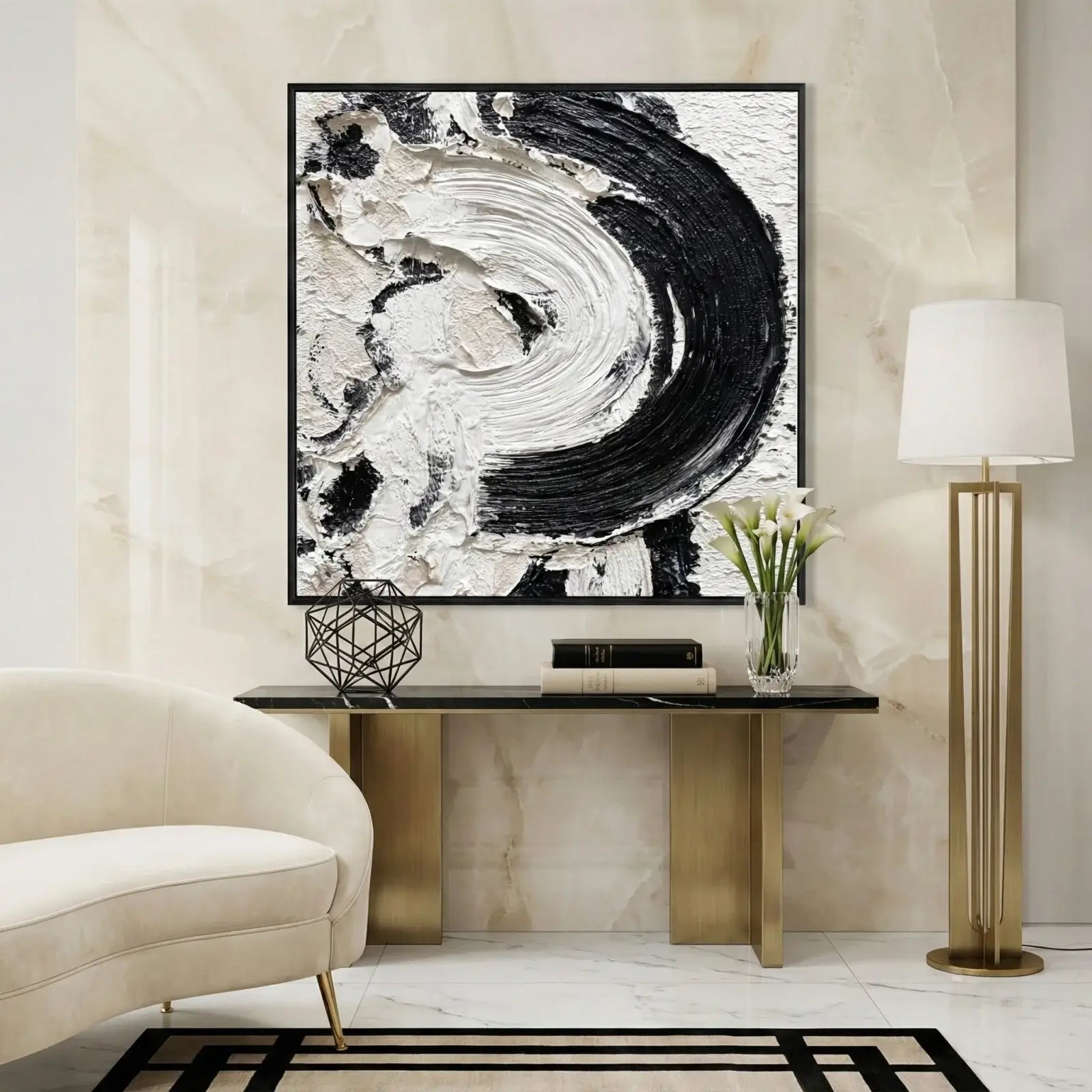Modern interior with abstract art, console table, and decorative elements.