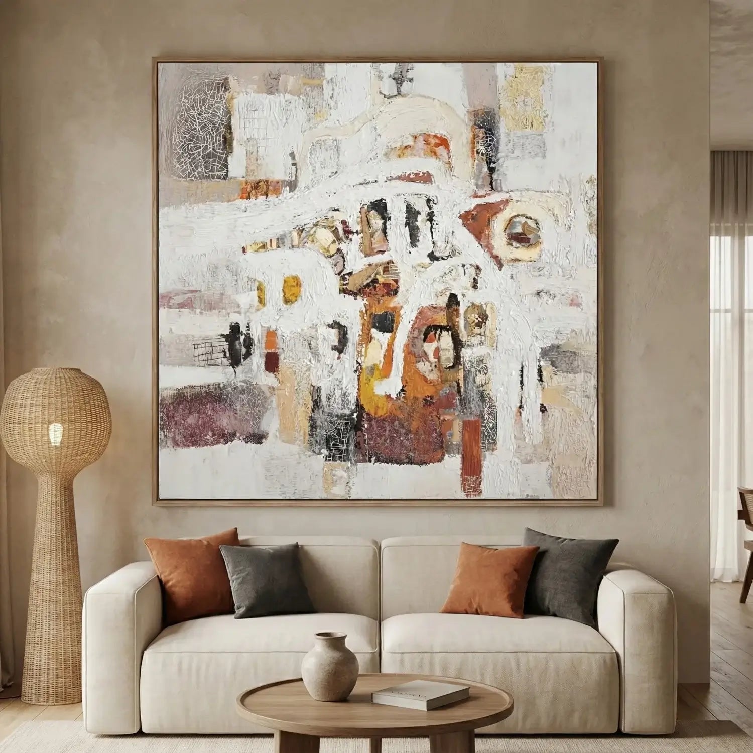 Living room with a beige sofa, round wooden coffee table, and abstract painting on the wall.