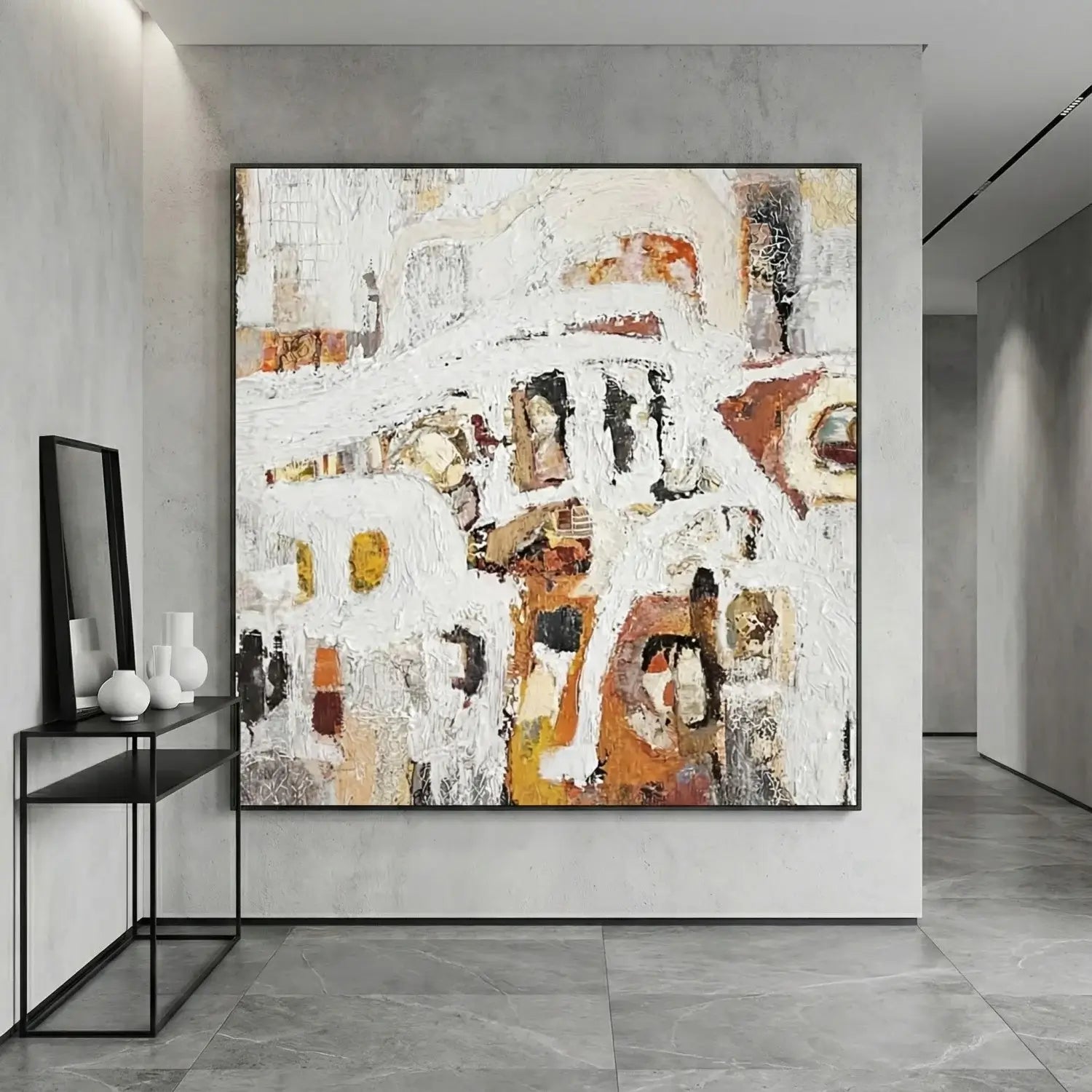 Abstract painting in a modern interior setting with a console table and decorative items.