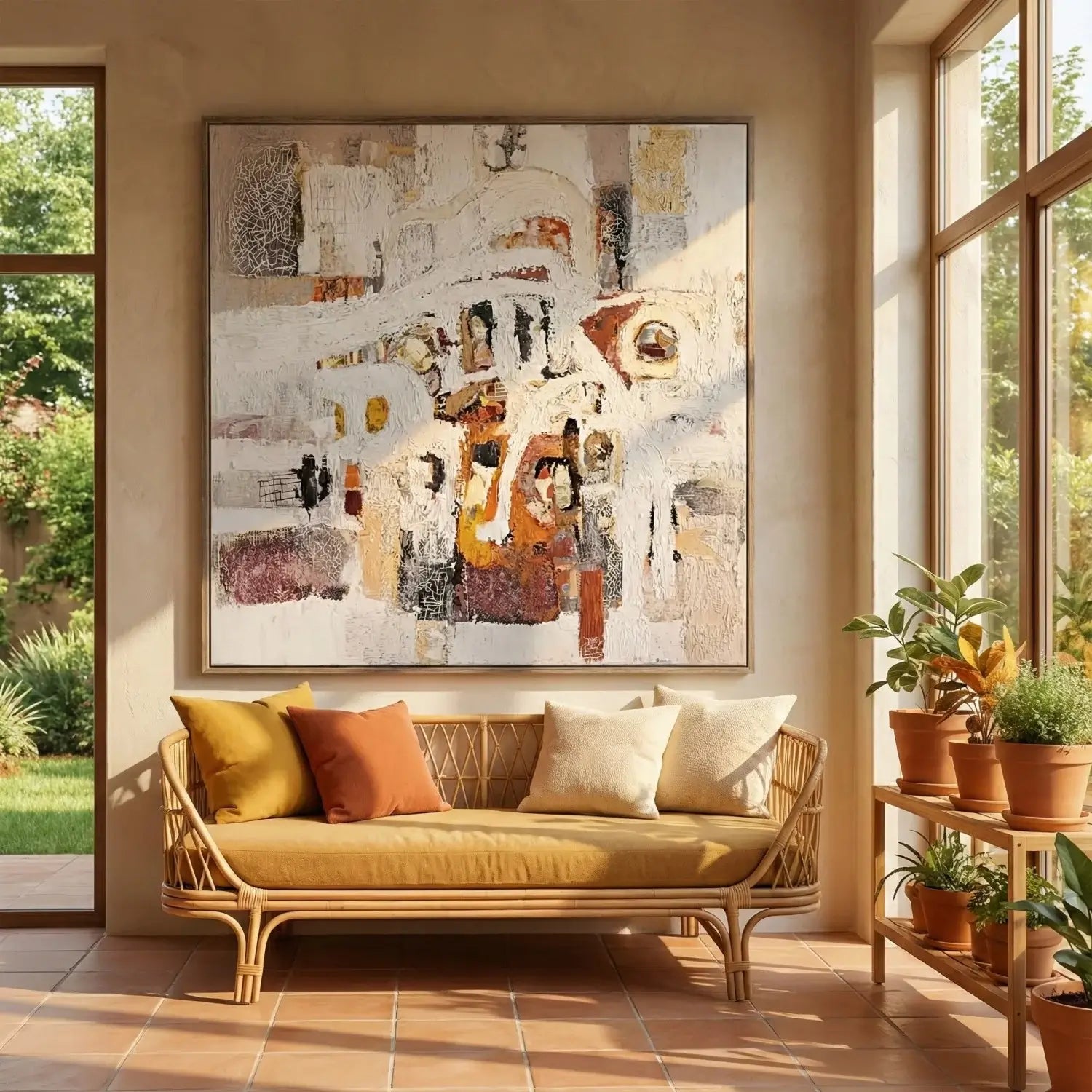 Living room with a wicker sofa, colorful cushions, and a large abstract painting on the wall.