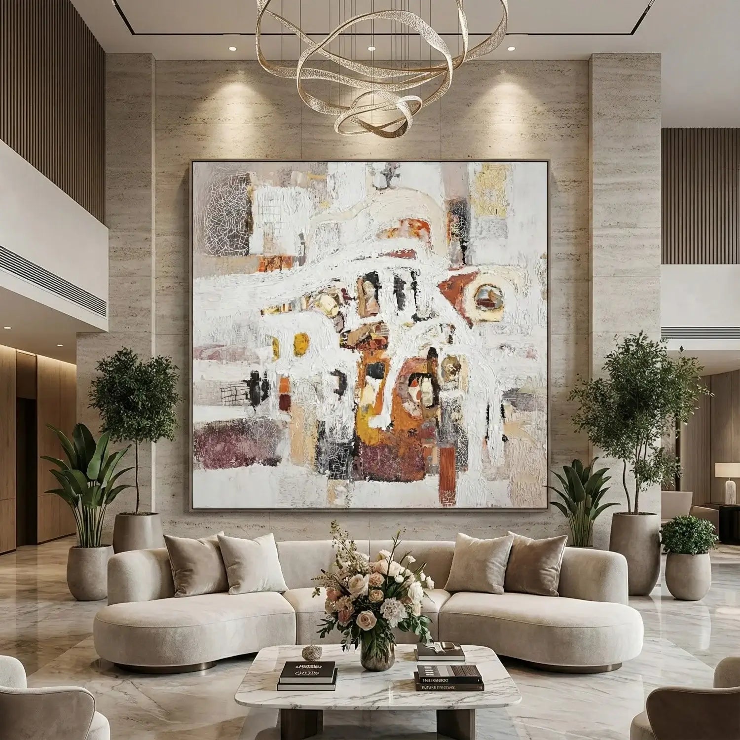 Modern living room with abstract art, sofa, and decorative elements.