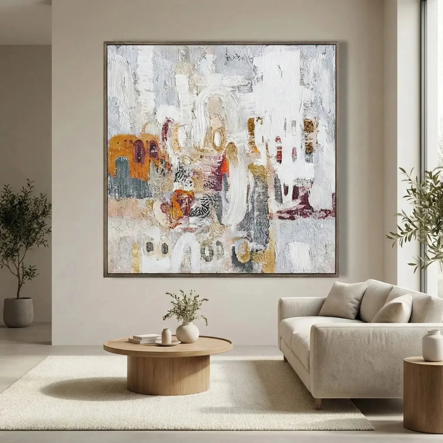 Abstract painting in a modern living room with a sofa and coffee table.