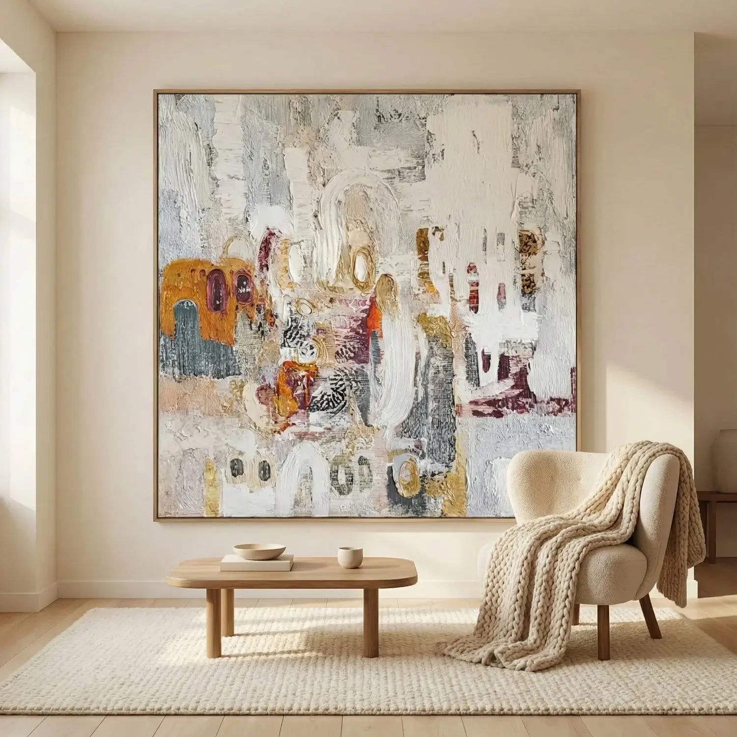 Abstract painting in a living room with a wooden coffee table and armchair.