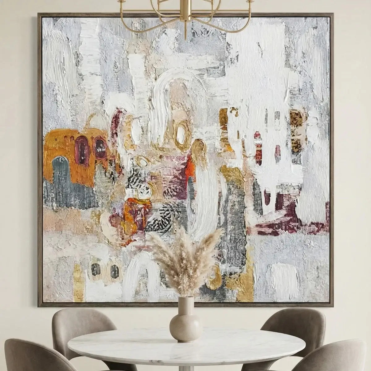 Abstract painting in a modern interior setting with a table and chairs.