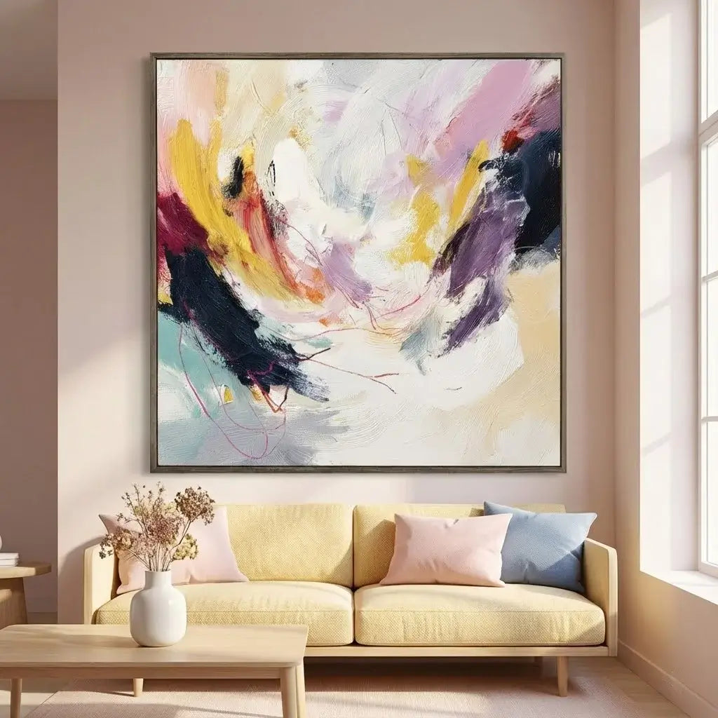 Abstract painting on a wall above a sofa in a living room