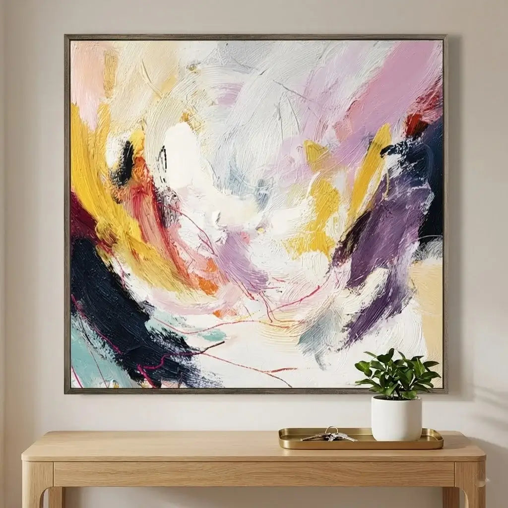 Abstract painting with colorful brush strokes on a wall above a wooden table.