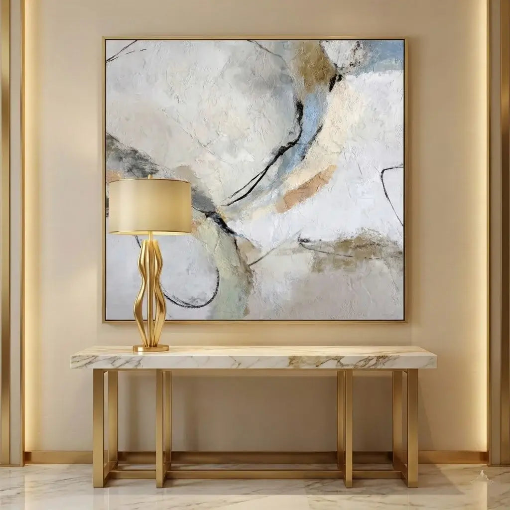 Abstract painting on a wall above a marble console table with a gold lamp.