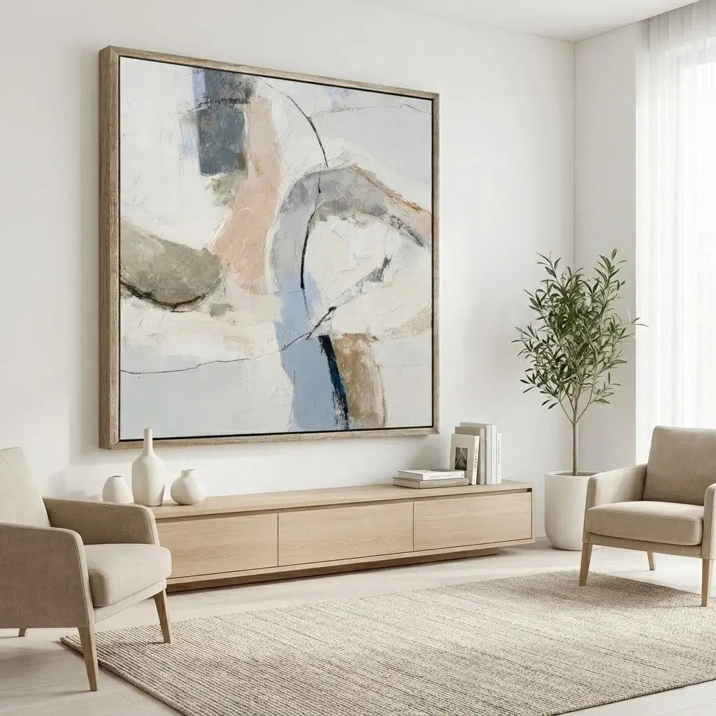 Modern living room with abstract art, furniture, and decor