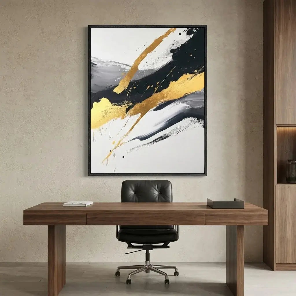Modern office setup with a wooden desk, black chair, and abstract art on the wall.