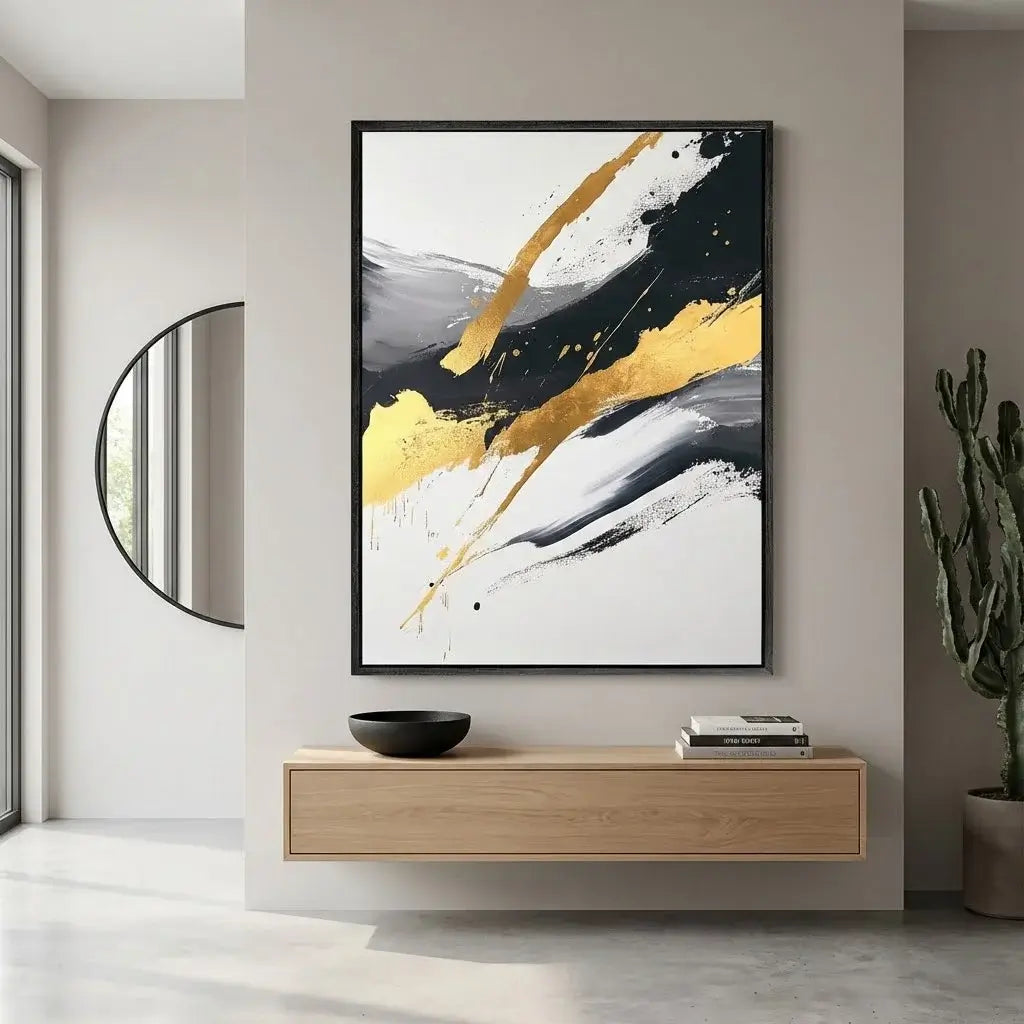 Abstract art piece with gold and black splashes on a wall in a modern interior setting.